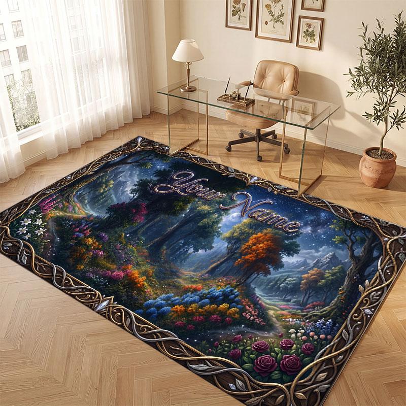 Mushroom Forest Theme Crystal Velvet Floor Rug Personalized Custom Name Text Warm Carpet Home Decoration