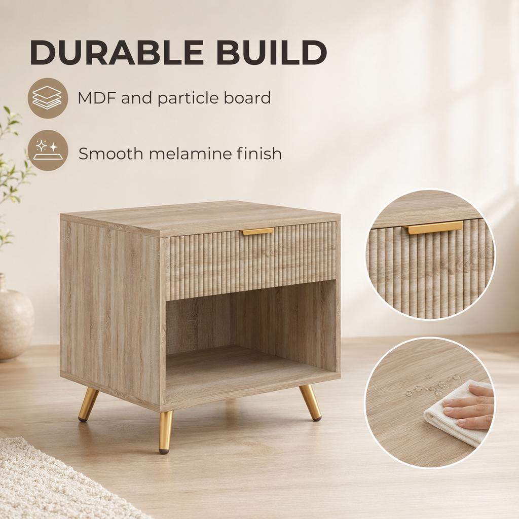 Bedside Table Drawer With Handle for Bedroom Natural Wood Finish