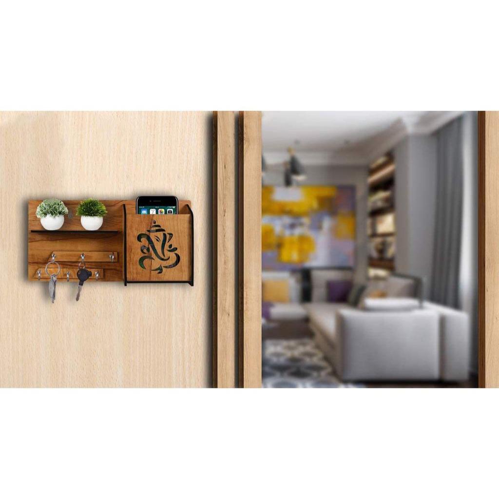 Mehrzweck-Schlüsselhalter aus Holz mit Ganesha-Motiv, mit mobilem Ständer und Wandregal, 6 Schlüsselhaken, 1 Stück, Holz