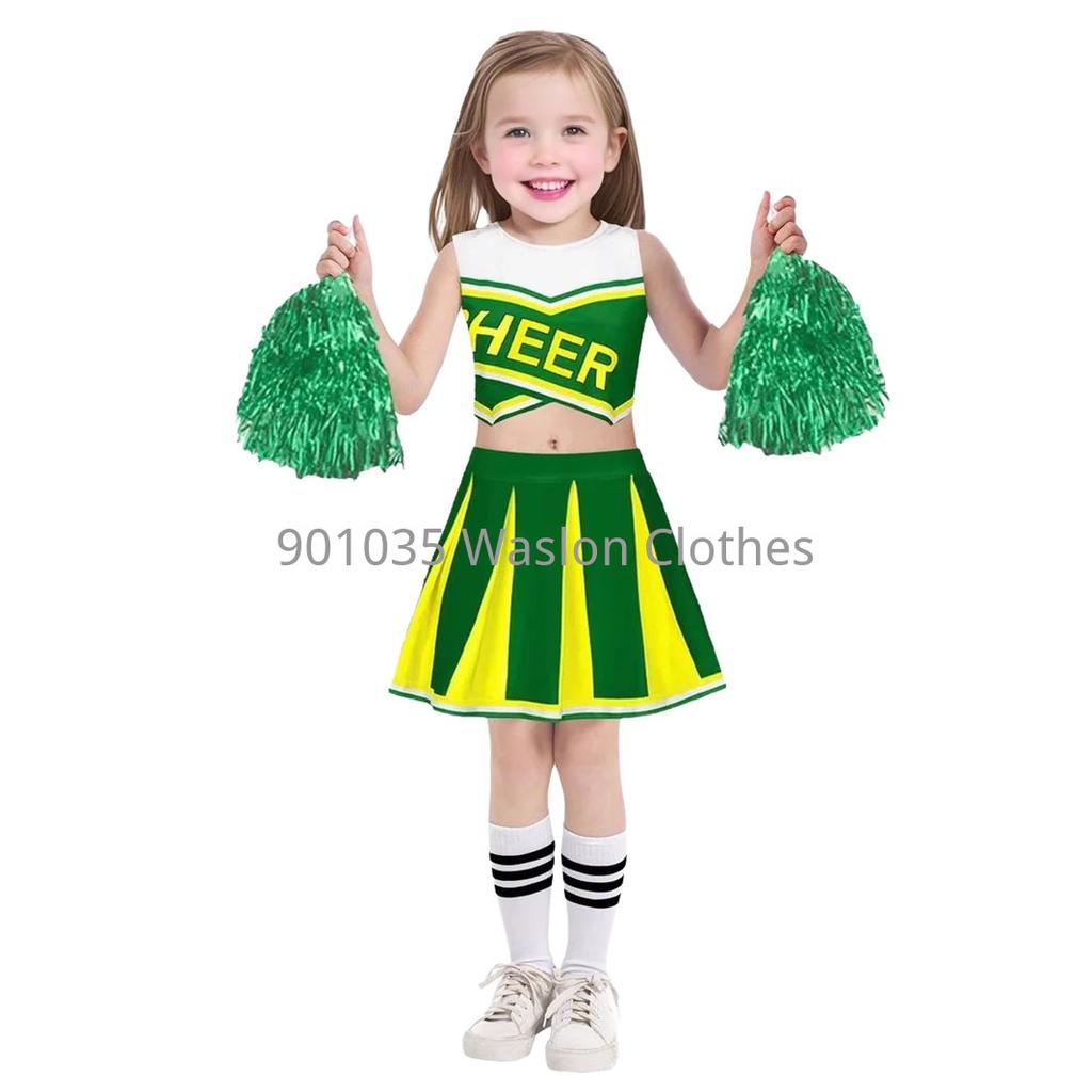 Women Girl Cheerleading Costume Sleeveless Dress Hand Flower With Stockings Dance Costume Set Schoolgirl Cheerleading Dance Suit