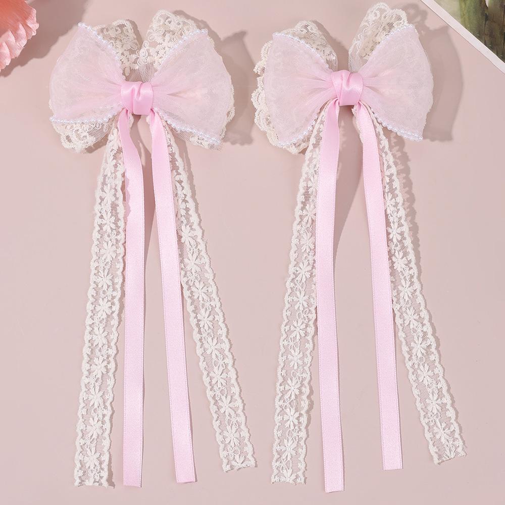 2 Stück Beige Spitze Schleife Haarspangen Mit Langem Band Elegante Perlenbesetzte Chiffon Schleife Barette Für Mädchen Frauen Haarschmuck