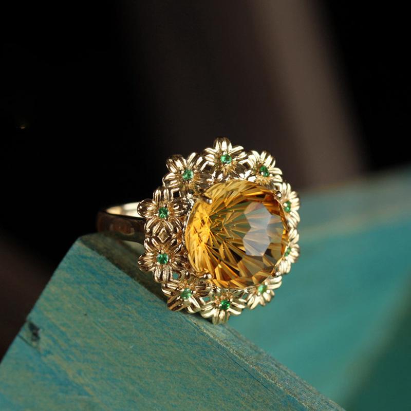 Fireworks Craft Cutting High Imitation Citrine Ice Flower Nacai 18K Gold Light Luxury Versatile Flower Opening Ring Adjustable open ring