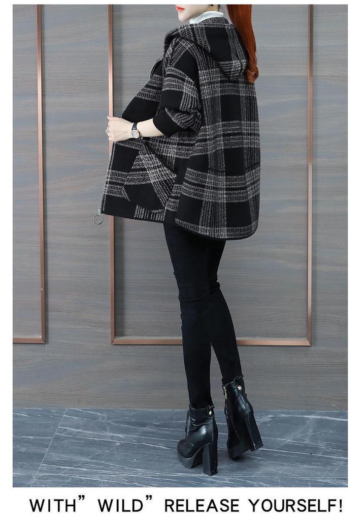 Women's Loose Plaid Hooded Jacket - 2025 Autumn/Winter Fashionable Zipper Cardigan