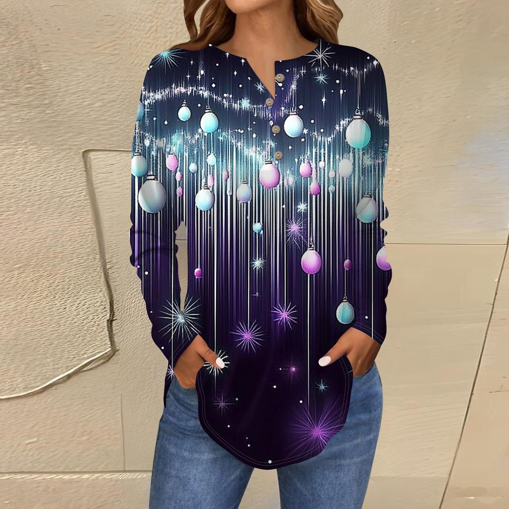 Women's Fashionable Loose-Fit Button-Down Collar Christmas Print Long-Sleeved Top