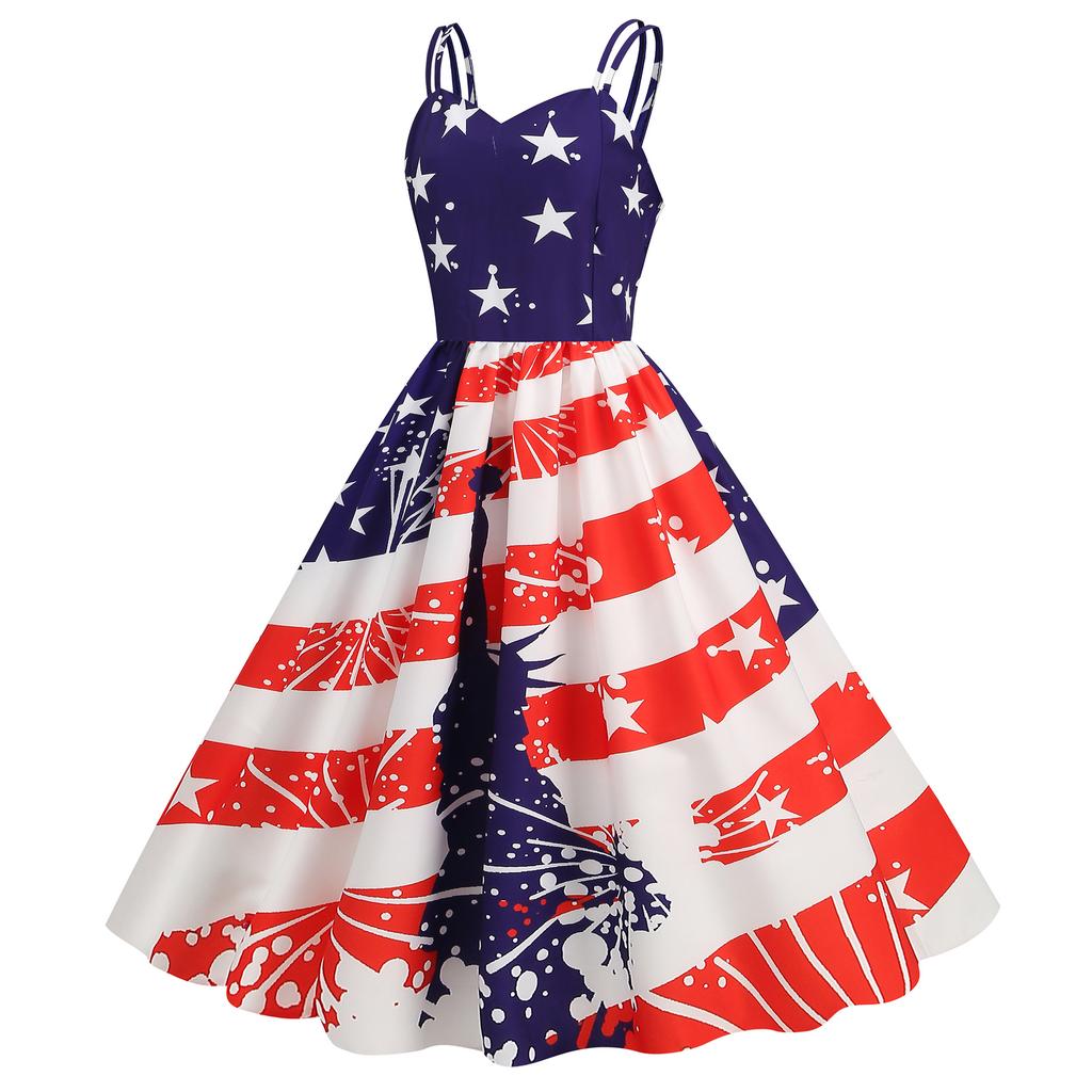 Women's Sexy Spaghetti-Strap Retro Dress With American Flag Print For Summer