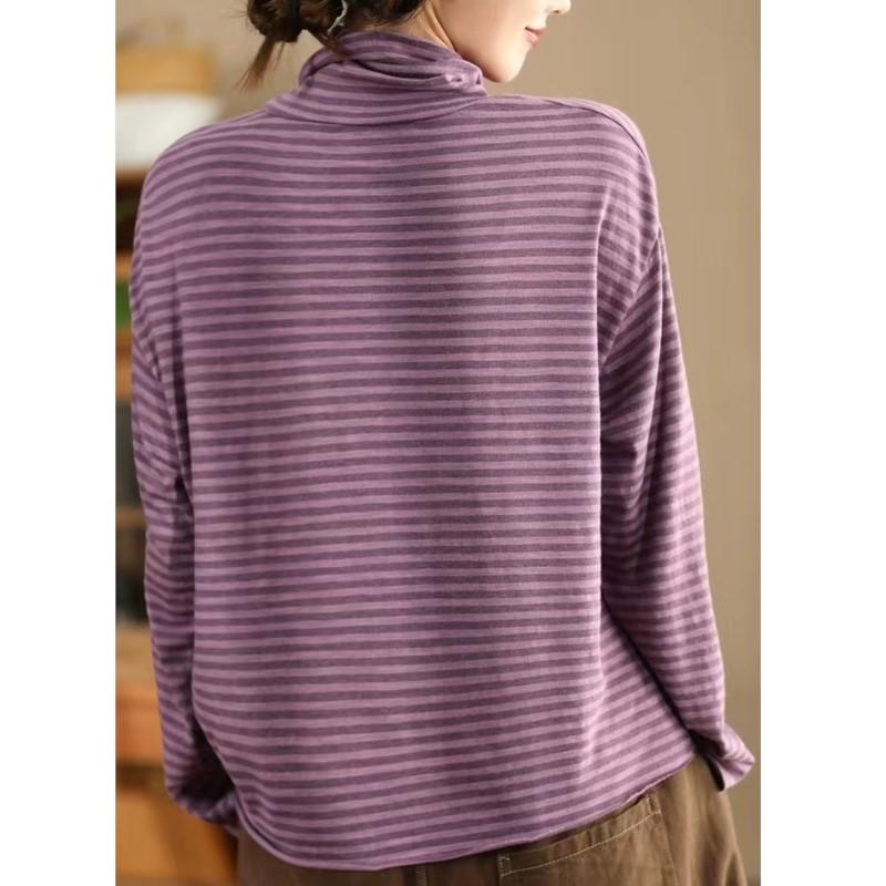 Johnature Mote Casual Vintage Stil Løs Stripe Rullekrave T-skjorte Dame Vinter Langermet Spleiset T-skjorte