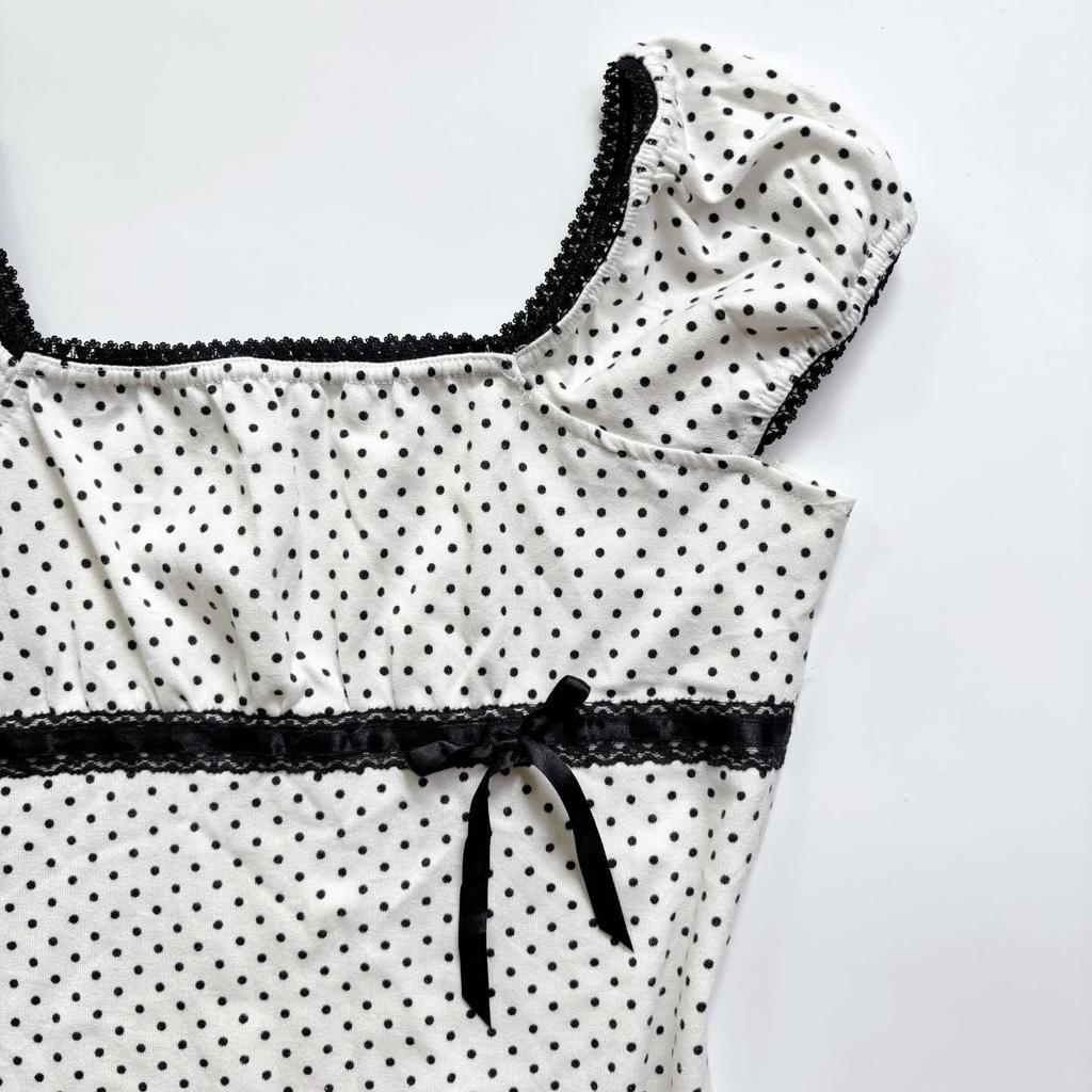 2026 French Retro Black & White Polka Dot Puff Sleeve Square Neck Top