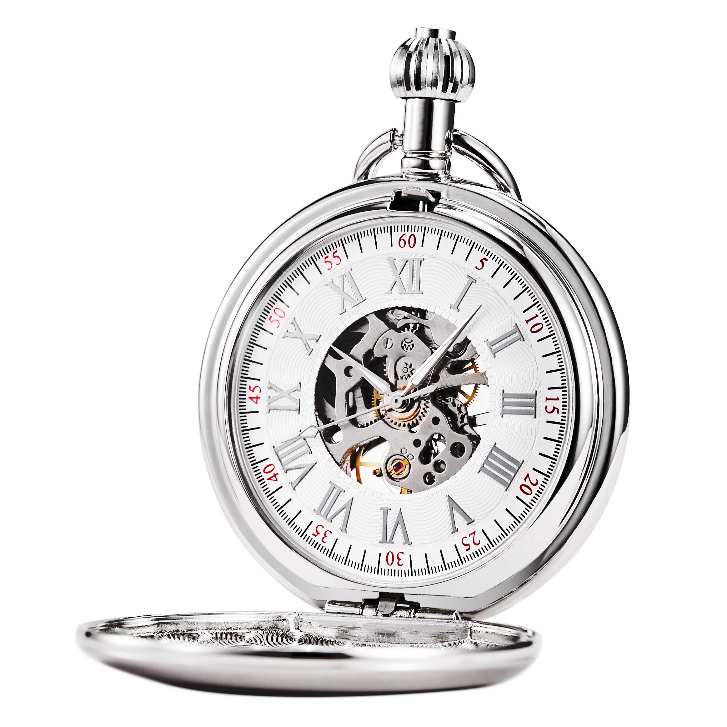 

TREEWETO Механические карманные часы Классические Антикварные Скелетон Римские цифры Серебристые с цепочкой