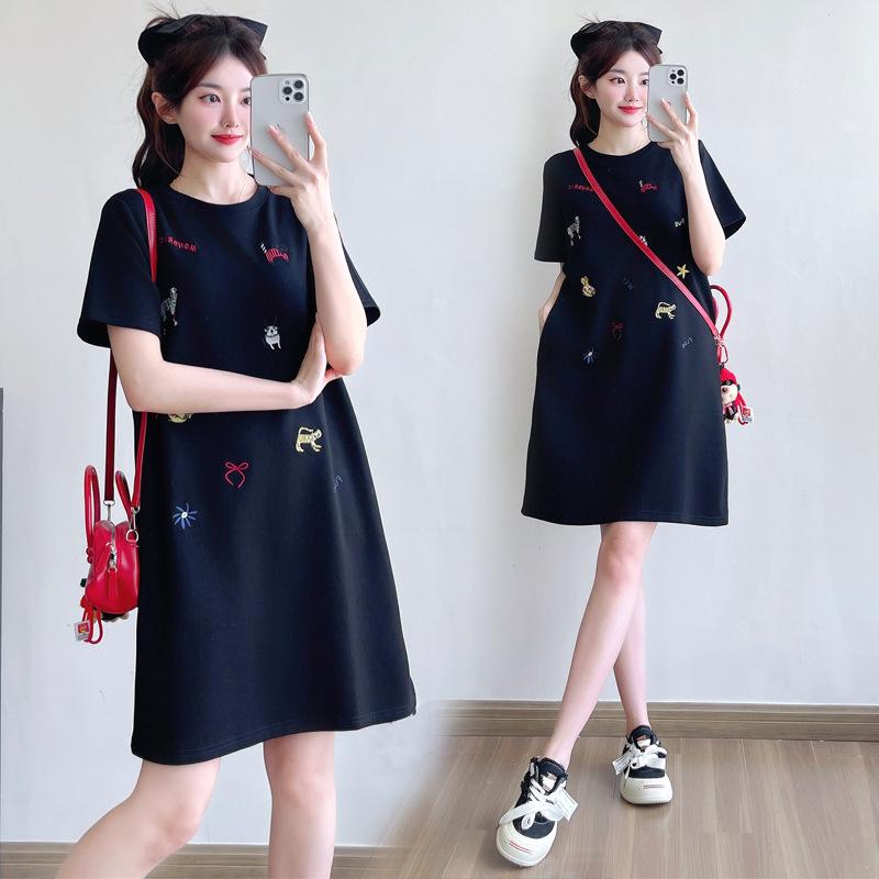 Summer 2026 Embroidered Puppy Maternity Dress - Versatile, Slimming T-shirt Design M