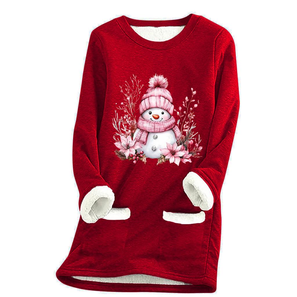 Damska luźna i wygodna bluzka z okrągłym dekoltem i nadrukiem świątecznym, z kieszeniami i długim rękawem