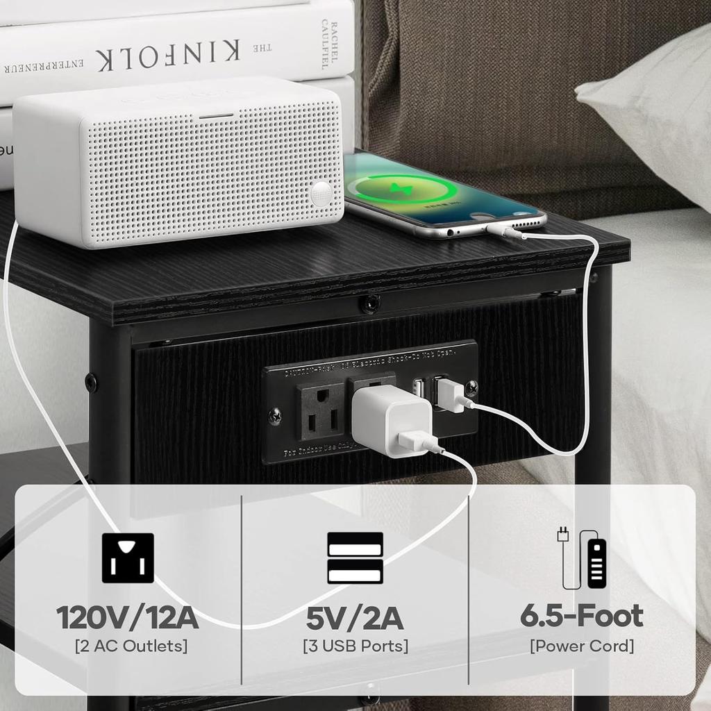 Nightstand with USB Charging Station, 3 Tier Narrow End Side Table with Storage Shelf for Living Room Bedroom Balcony, Black