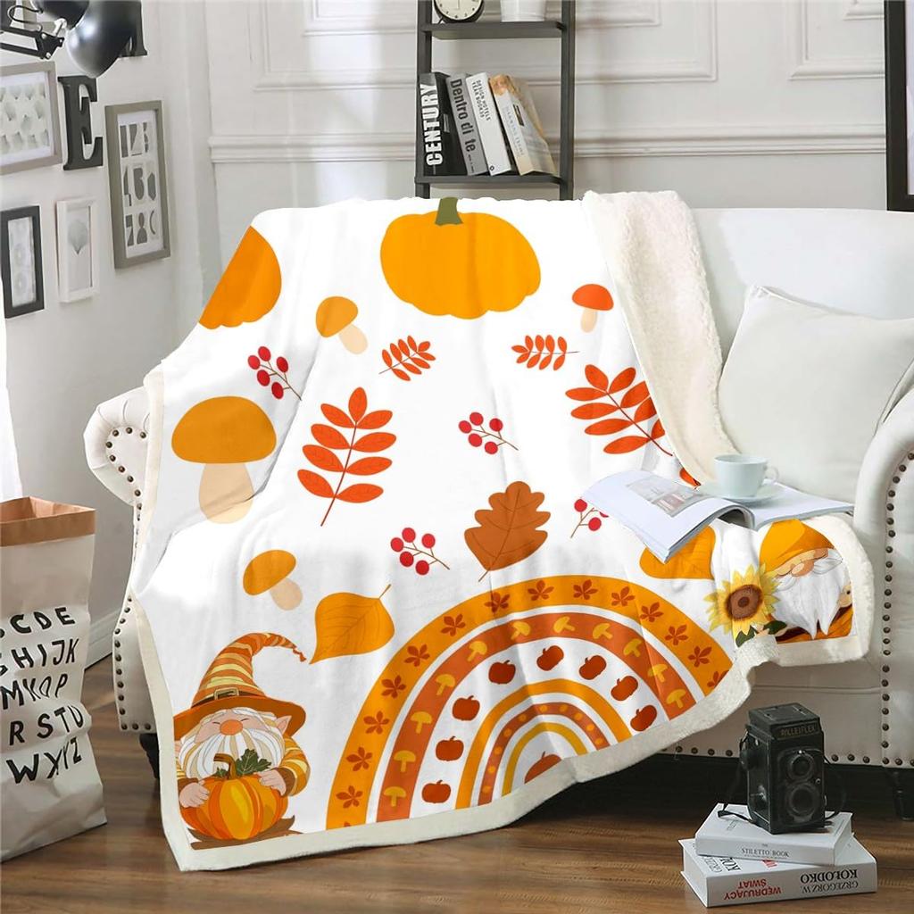 Boys Thanksgiving Gnome Throw Blanket Fall Maple Leaf Flannel Blanket,Pumpkin Farm Harvest Fleece Blanket Rustic Farmhouse Decor