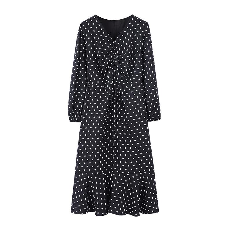 

Весеннее шифоновое платье в горошек большого размера - Стройнящее, свободного кроя, длинное драпирующееся платье для женщин XL for 120-135 jin чёрный