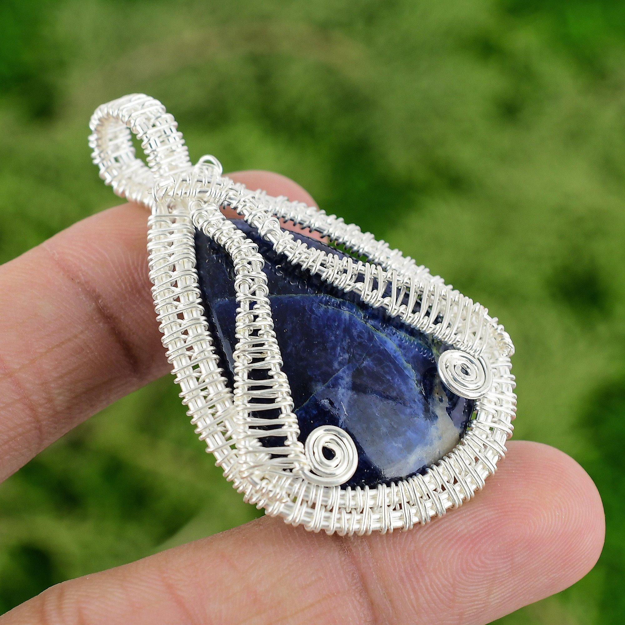 

Чакра Третьего Глаза Натуральный Содалит Оплетка из Проволоки Подвеска для Помолвки Стерлинговое Серебро