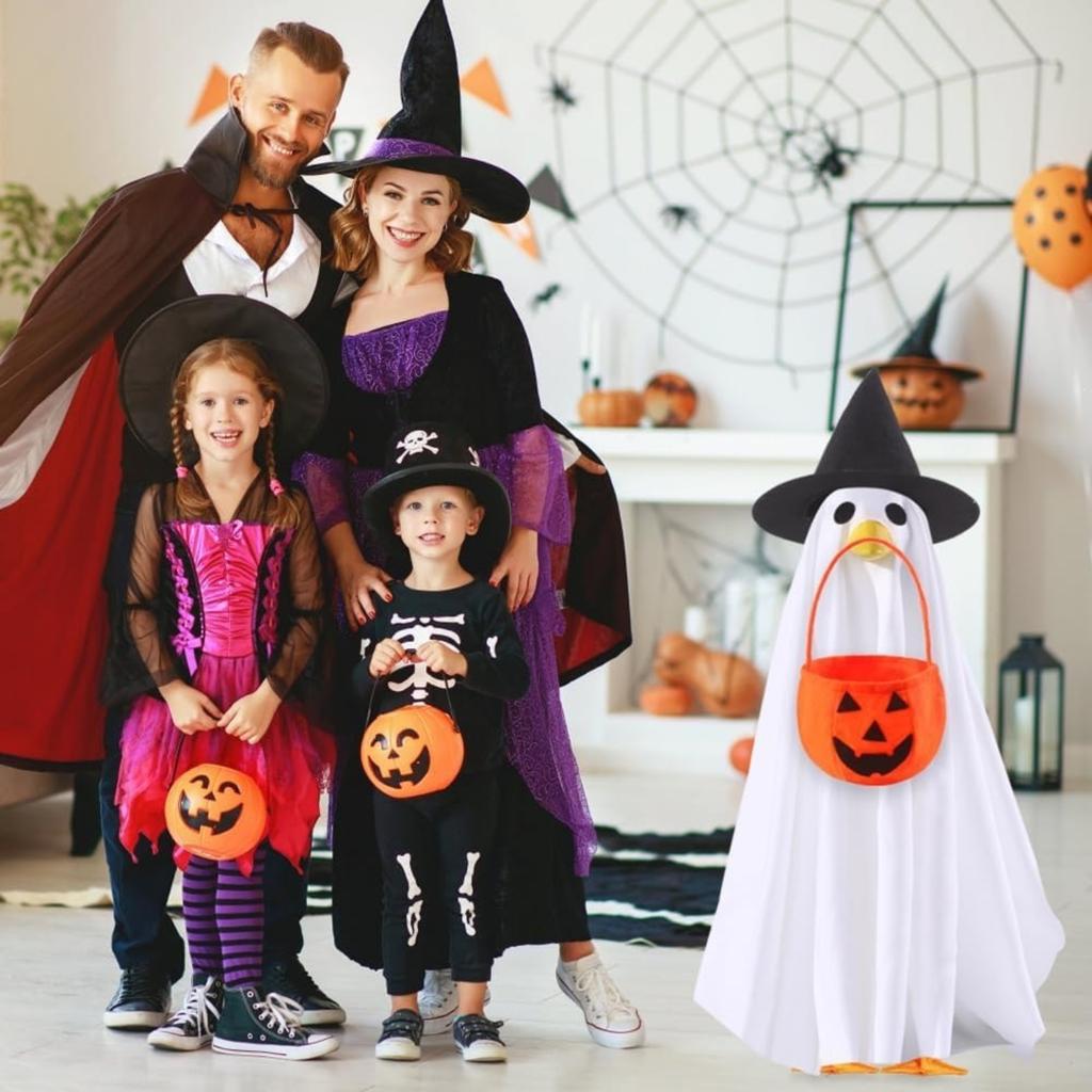 Goose Porch Costume Set with Witch Hat Ghost Cloak and Pumpkin Basket for 23 Inch Outdoor Holiday Decoration