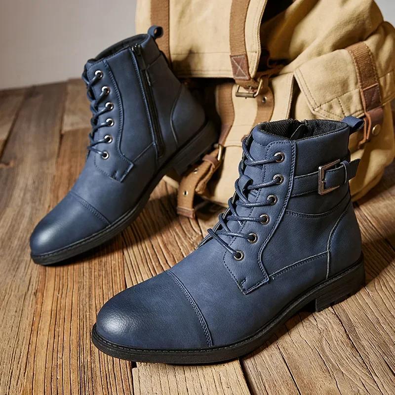 Autumn Winter Anti Slip Retro Man Leather Boots Lace Up High Top Ankle Boots Outdoor Men Martiin Boot Side Zipper Tooling Boots