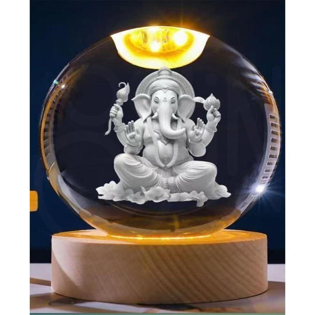 Ganesha Crystal Ball Lamp, Night Stand Lamp, Side Table Lamps, 3D Crystal Ball Ganesha Figurines with Wood Light Base, for Home Decor