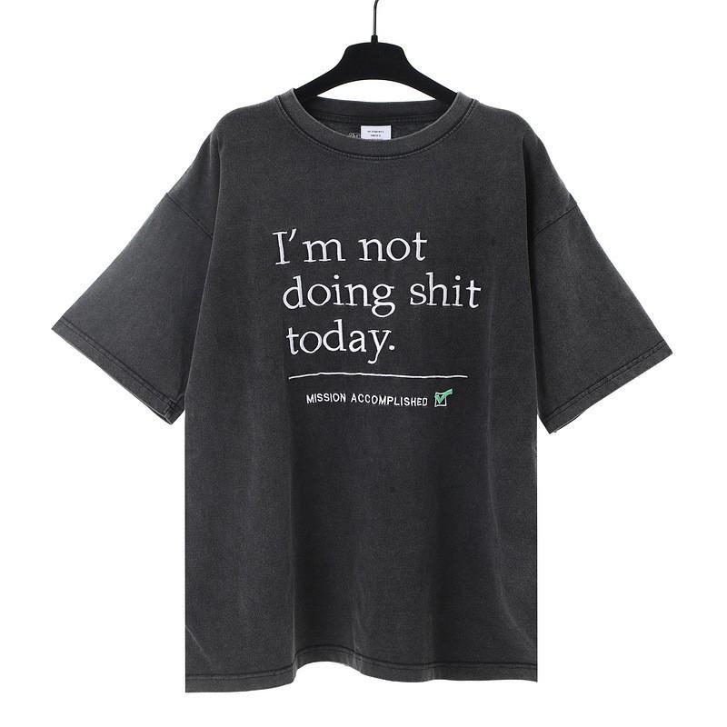 Unisex Oversized Cotton T-Shirt With Bold Letter Print Vintage Washed Loose Fit Casual Tee