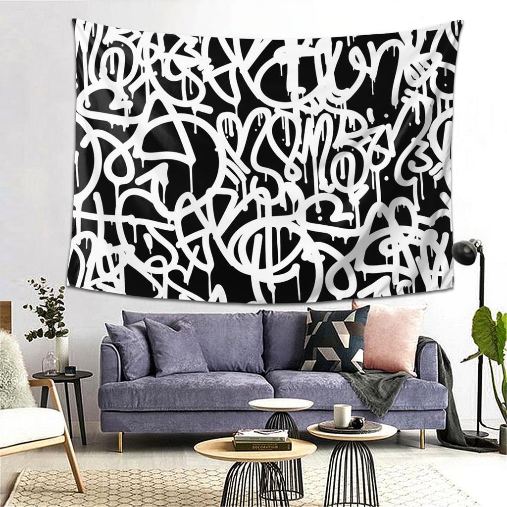 Wandteppich mit Graffiti-Motiv in Schwarz-Weiß – Ästhetische Wanddekoration für Wohnzimmer, Schlafzimmer und Zuhause