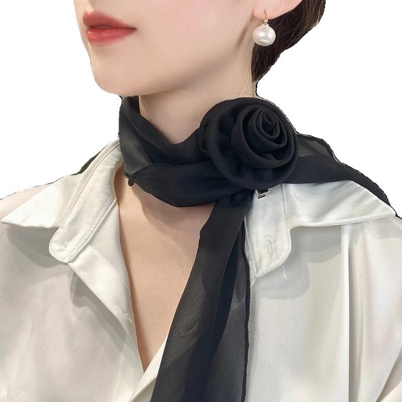 Summer Solid Color Rose Blossom Silk Scarf for Women Versatile and Stylish Thin Scarf for Neck Protection