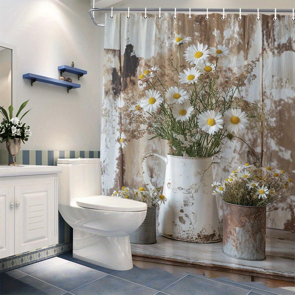 1Pc Rustic Vintage Farmhouse Shower Curtain With White Daisies & Metal Buckets Design, 70X70 Inch Machine Washable Fabric Bathro