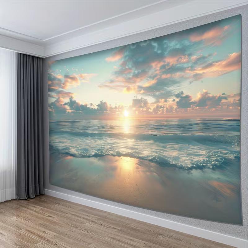2D Tropical Ocean Tapestry, Pastel Clouds & Reflecting Sun Wall Art for Home Decor