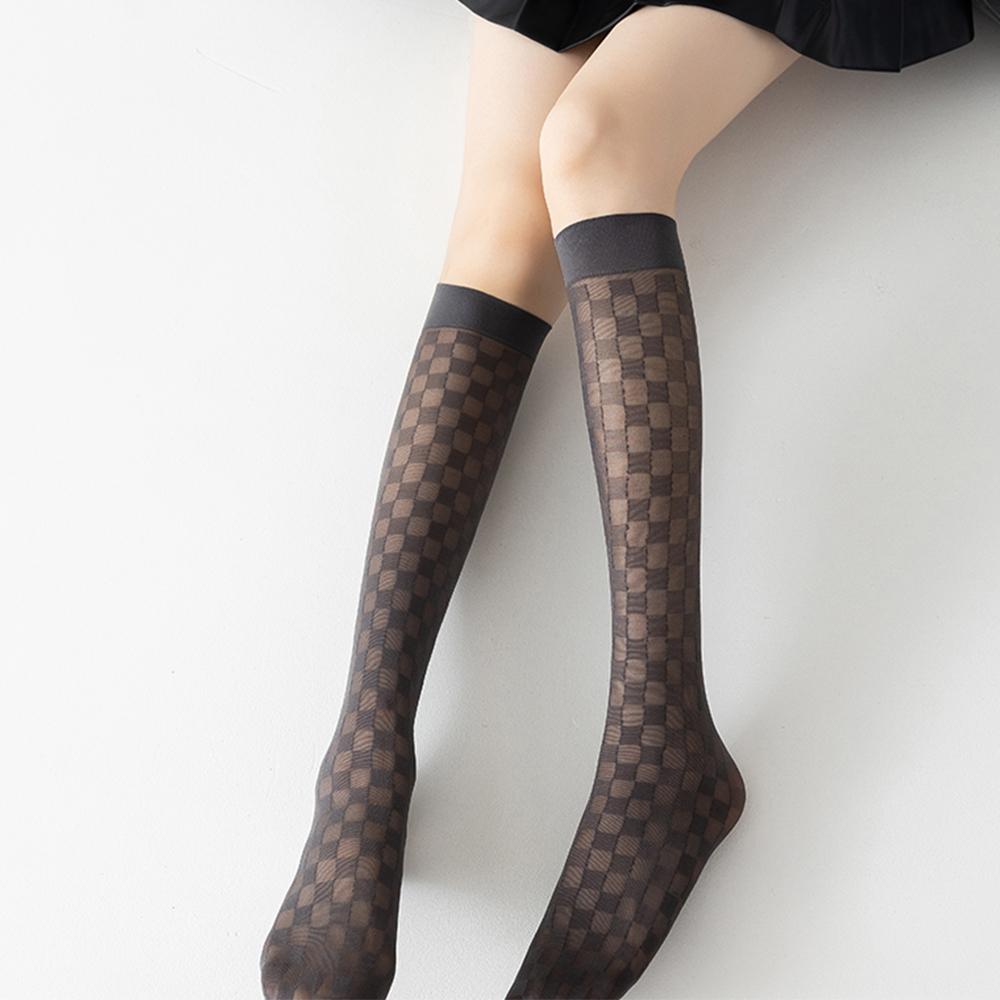 Calf Socks Women's Summer Thin Black Stockings JK Socks Long Tube Stockings Diamond-Shaped British Style Half-Length Tube Socks