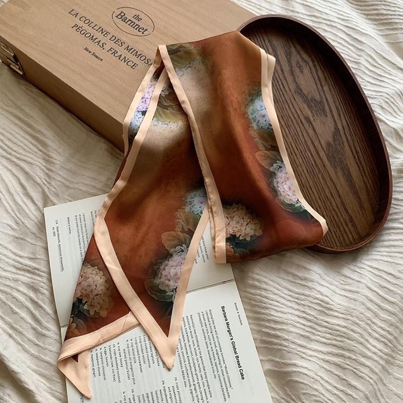 Silk scarf, long strip, high-end summer new neck protector, matching shirt, peony scarf, scarf, headscarf, headband, streamer.