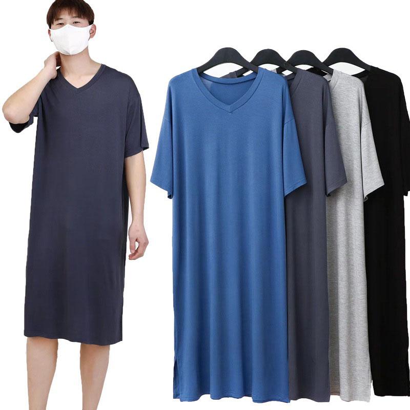 Men Summer Nightgown Modal Pajamas Round Neck Simple Raglan Sleeve T-shirt Dress Casual Loose Large Size Home Wear