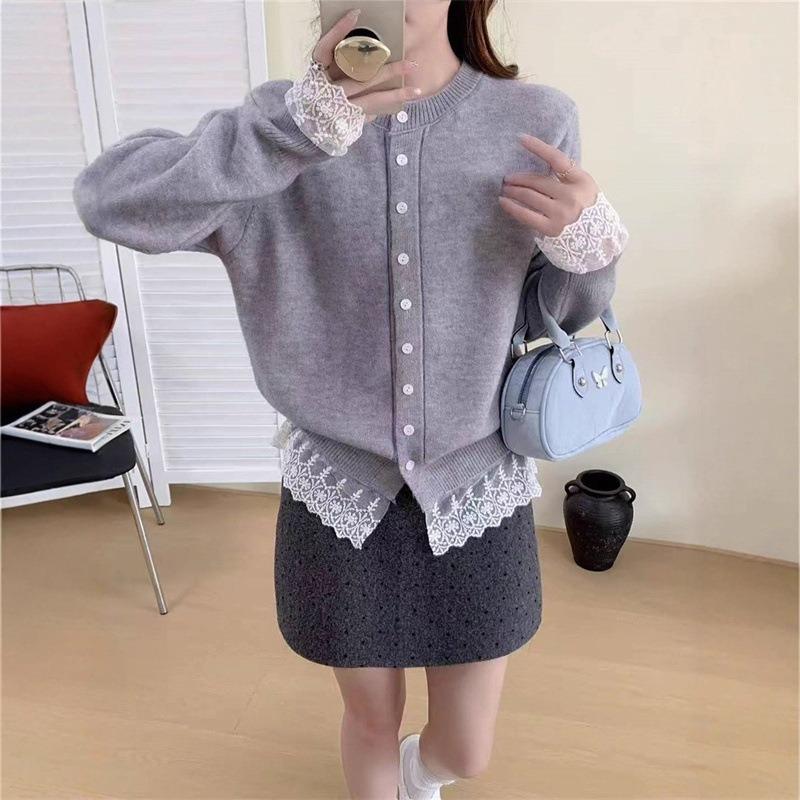 Autumn New Knitted Sweater Fashionable Versatile Splicing Lace Top Lace-up Design Cardigan Jacket Women