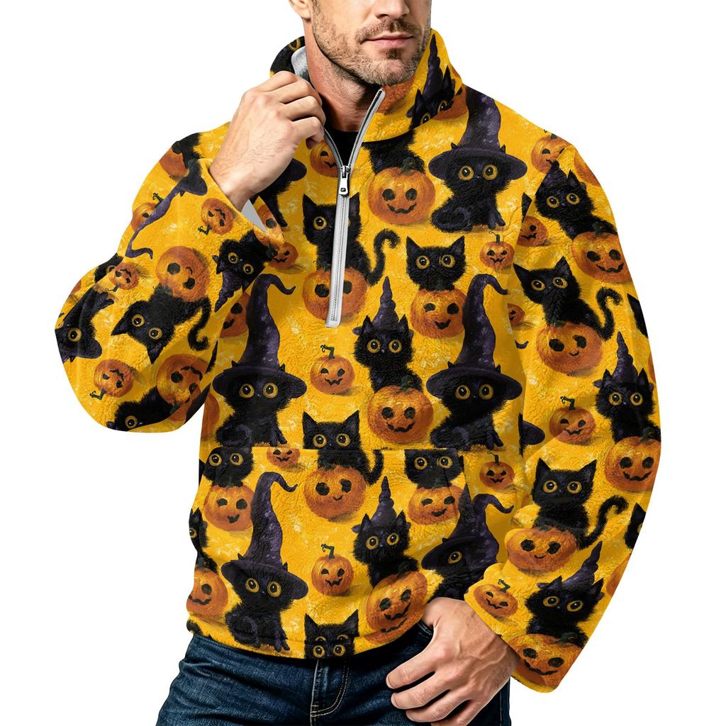 Men's Halloween Print Flannel Zip-Up Sweatshirt, Plus Size Stand Collar Casual Fall Winter Top