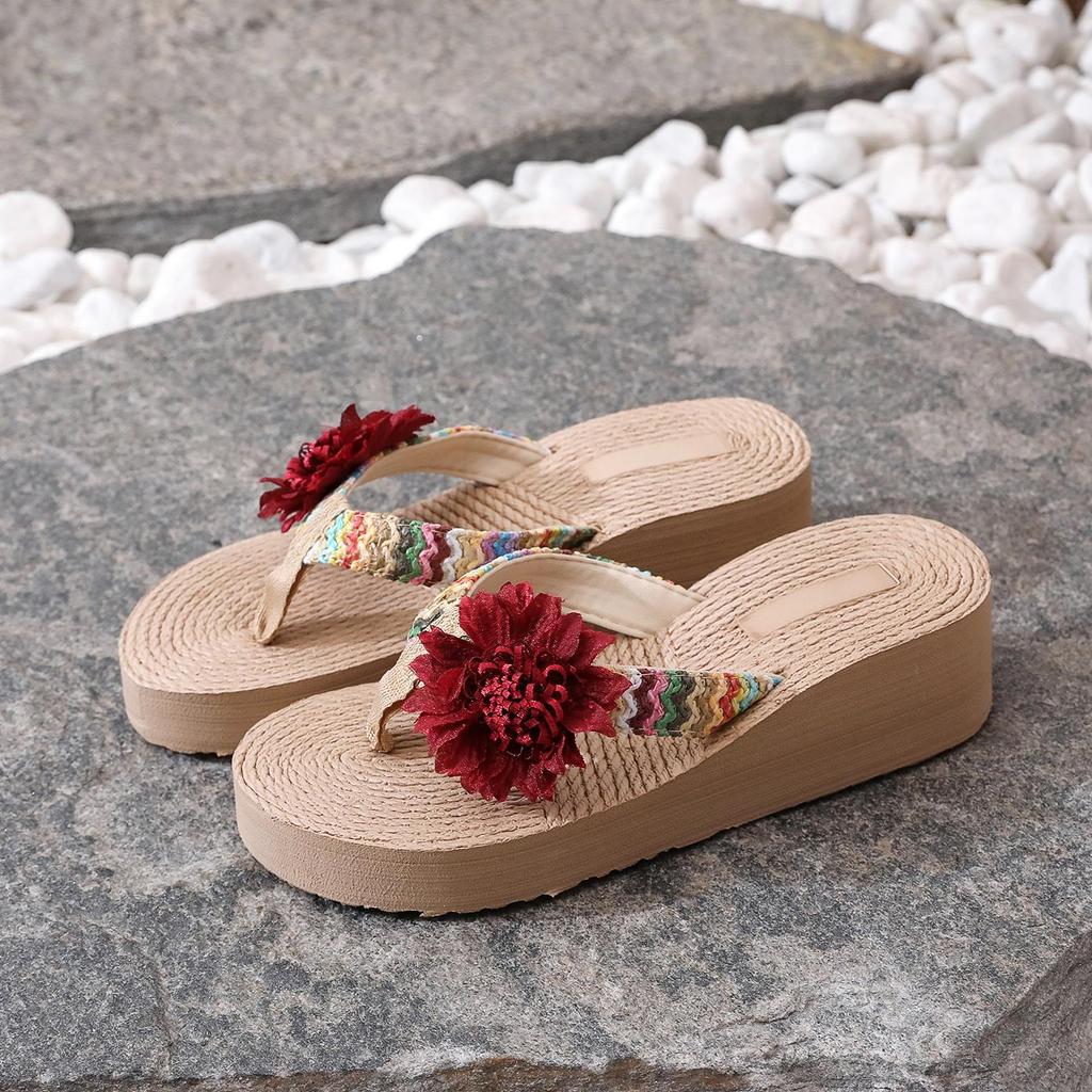 Ethnic Style Imitation Hemp Rope Travel Hemp Sole Sandals Korean Tide Outer Wear Flower Flip-flops Beach High Heels Pinch Feet Women's Slippers