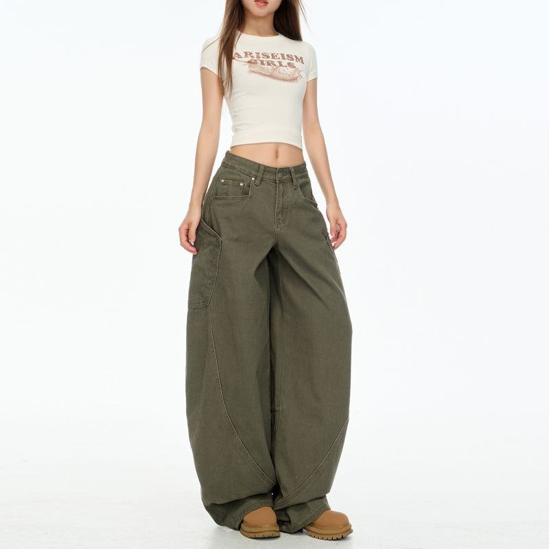 Army Green American Retro Design Big Pocket Scimitar Jeans Women's Summer and Autumn New Mopping Wide-leg Pants