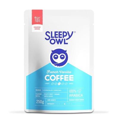 Kawa mielona Sleepy Owl French Vanilla do French Pressu | Średni Palenie | 100% Arabica | Kawa Grubo Mielona | Nadaje się również do Cold Brew | 250g