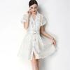Elegant Lace Embroidery Hollow-out Mini Dress for Women Lapel High Waist A-Line Short Sleeve Single Belt Short Dress Summer