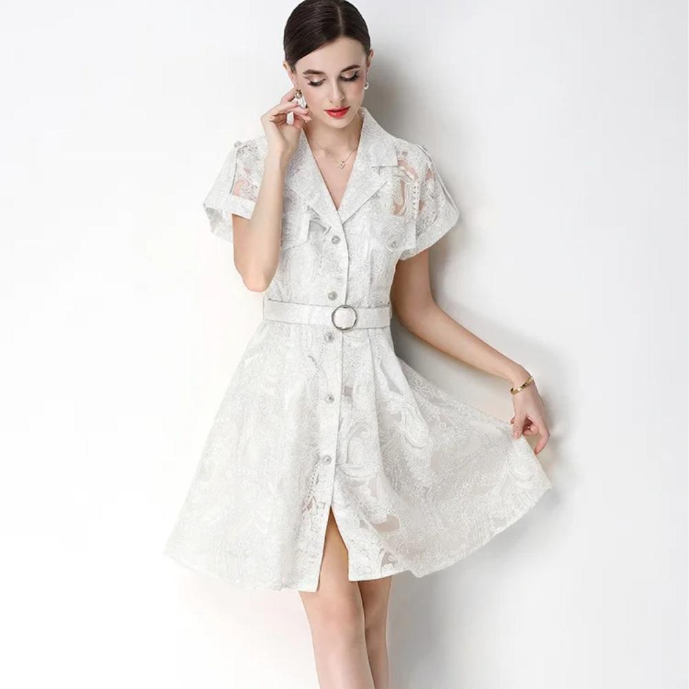 Elegant Lace Embroidery Hollow-out Mini Dress for Women Lapel High Waist A-Line Short Sleeve Single Belt Short Dress Summer