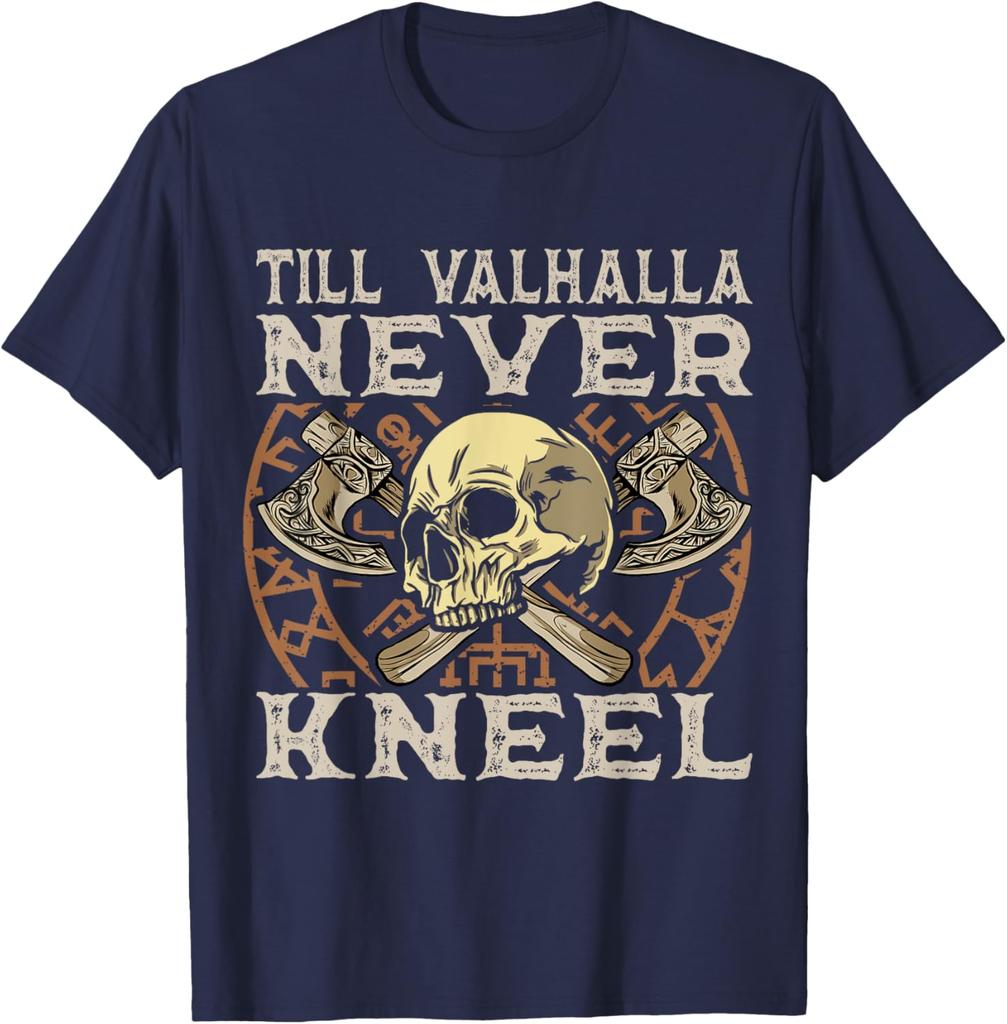 Till Valhalla Never Kneel Nordic Warrior Skull Vegvisir Rune TShirt 100 Cotton ONeck Short Sleeve Summer Casual Mens Tshirt