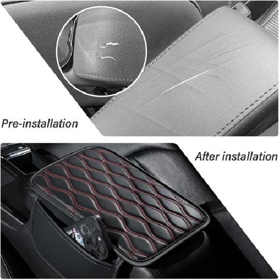 Center Console Cover with Extend Pocket, Leather Arm Rest Cover of Black/Red