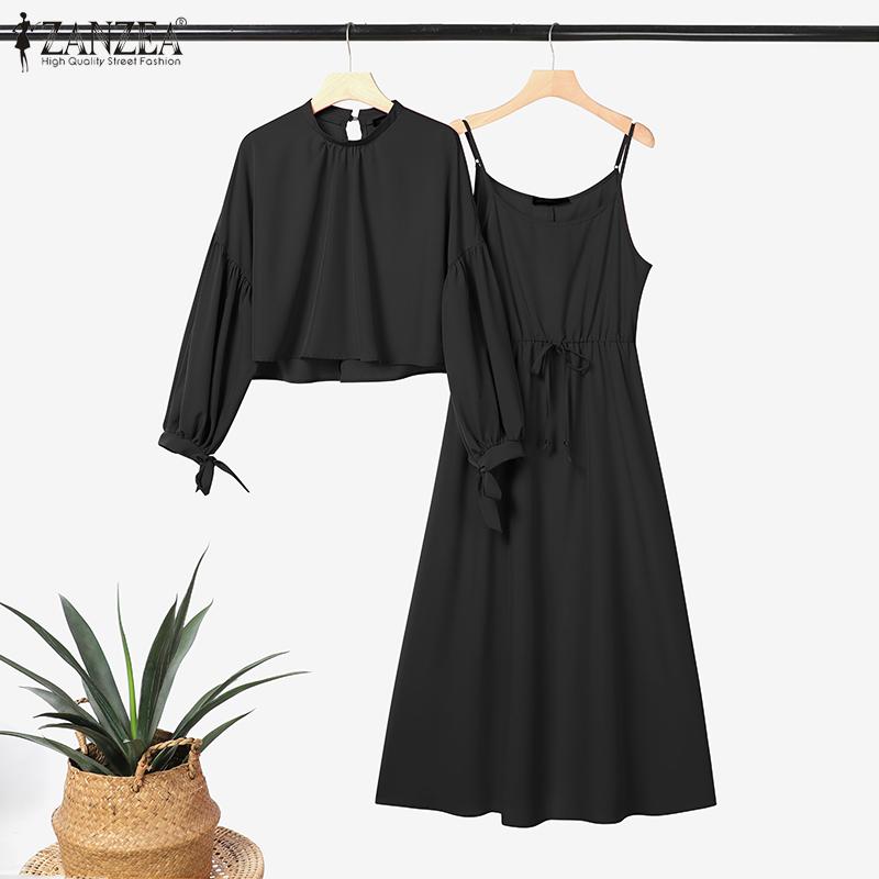 ZANZEA Women Long Sleeve Blouse and Dress Summer Two Piece Suit Sets