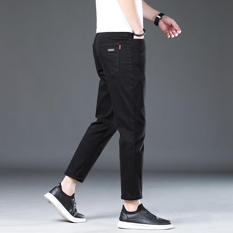 Denim nine-point pants, non-fading, black men's pants, stretchy Korean style slim straight jeans, high street jeans