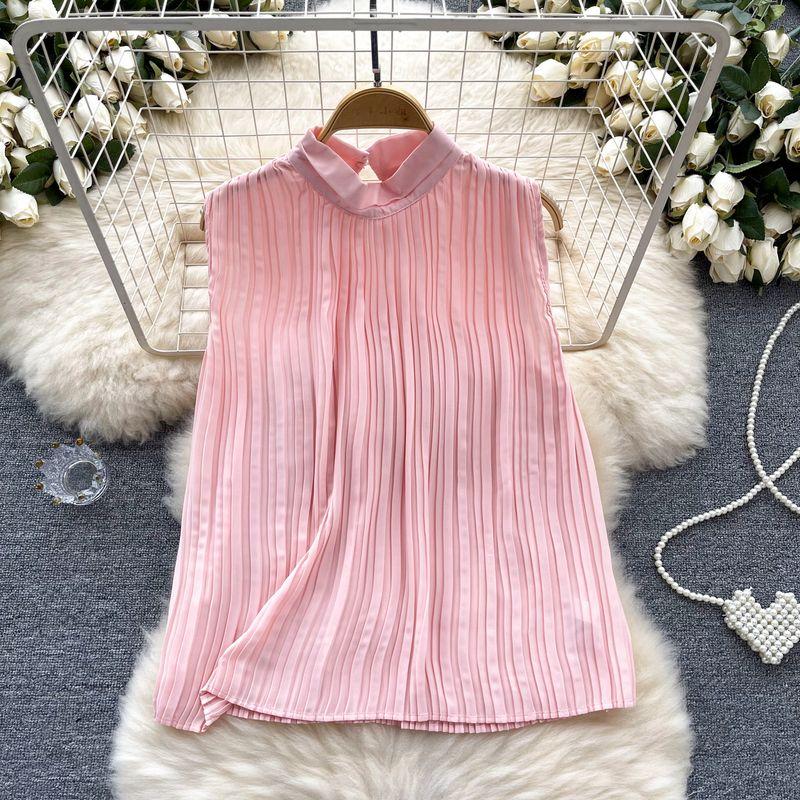 

Fashion Style Sleeveless Halter Tops Women s Summer New Design Sense Loose Easiest for Match Pleated Age-Reducing Chic Shirt Pink One size