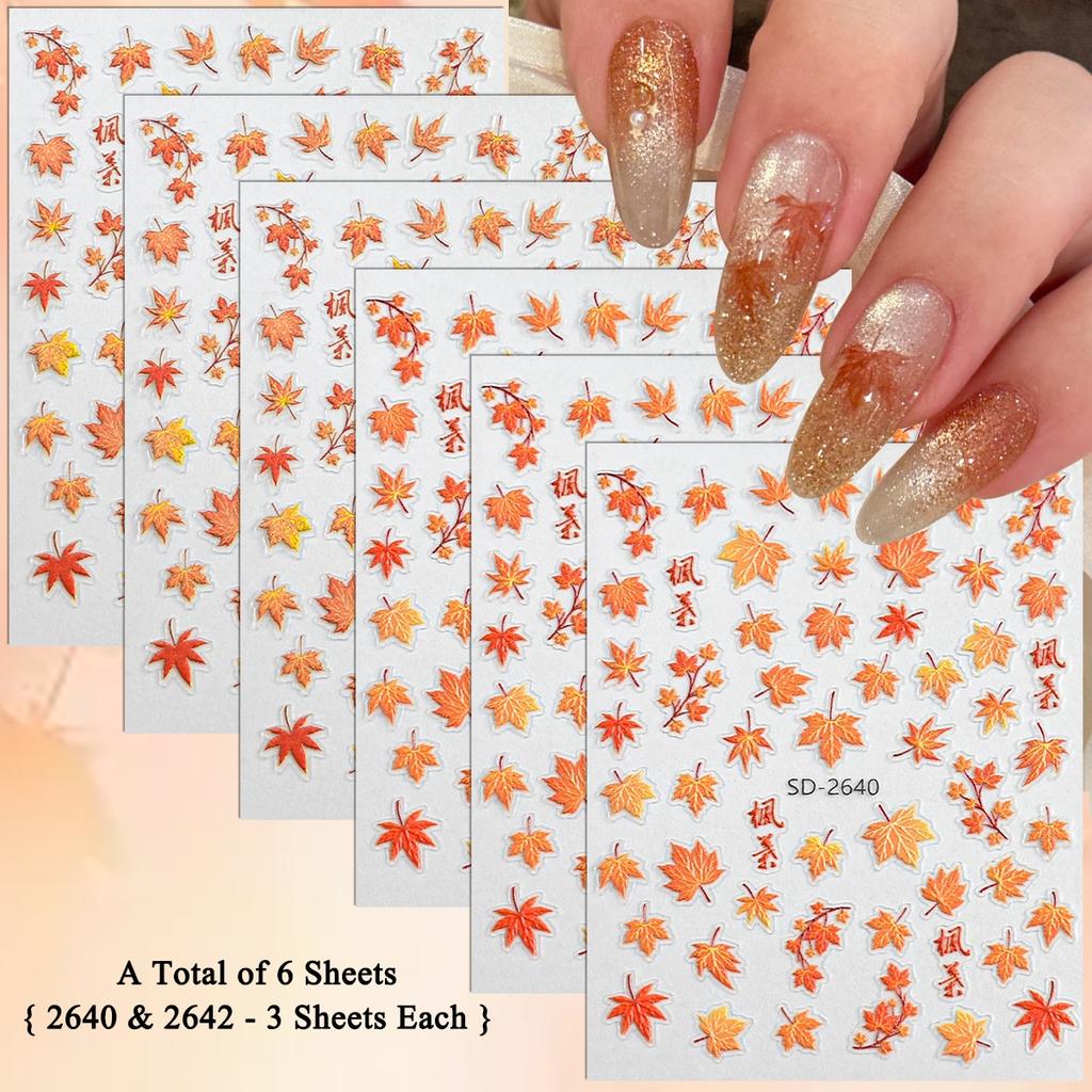 3 to 30 Sheets Autumn Maple Leaves Nail Stickers 5D Embossed Gold Foil Fall Leaf for Nails, Self-Adhesive DIY Manicure Art