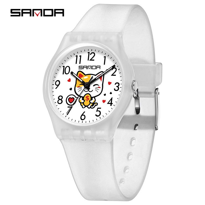 Sanda Fresh  Cute Lucky Cat Kids  Sporty Waterproof Watch - Unisex Quartz Design for Students