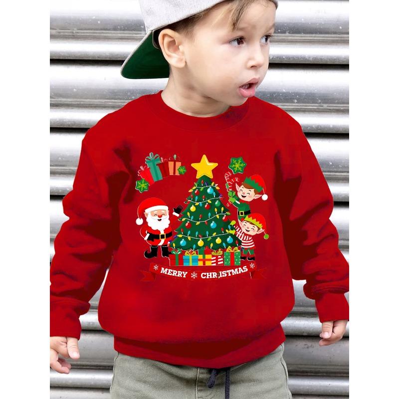Christmas Autumn Winter Fashion Fleece Sweatshirt MERRY CHRISTMAS Santa Claus with Christmas Tree, Kids Etc. Cartoon Pattern Print Loose Casual