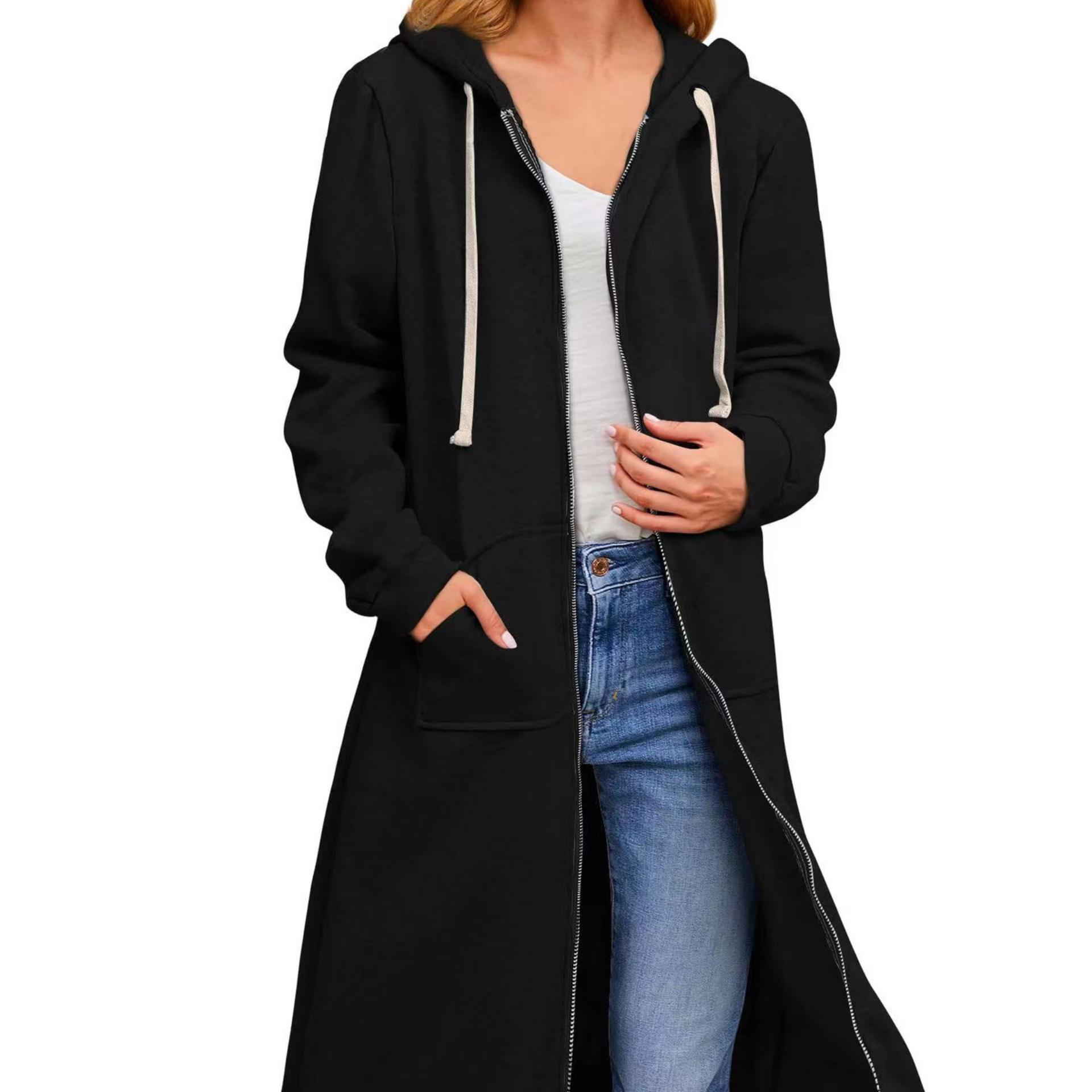 

Осенне-зимнее женское свободное длинное пальто-кардиган на молнии M чёрный