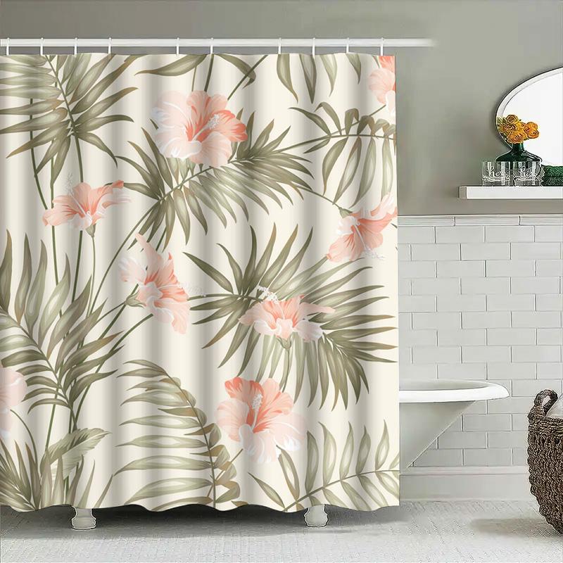 Vibrant Floral Bath Curtain Modern Bathroom Decor With Green Leaves And Pink Flowers For Home Use