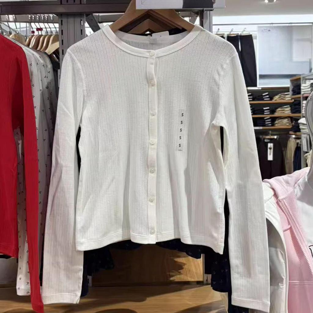 Women's Ribbed Jacquard Knit Cardigan with Long Sleeves and Round Neck