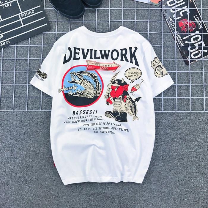 

Японский бренд Tide Счастливый призрак Маленький дьявол Рыбалка Карп Принт Чистый хлопок Большой размер Футболка Мужская Женская Локомотивы S