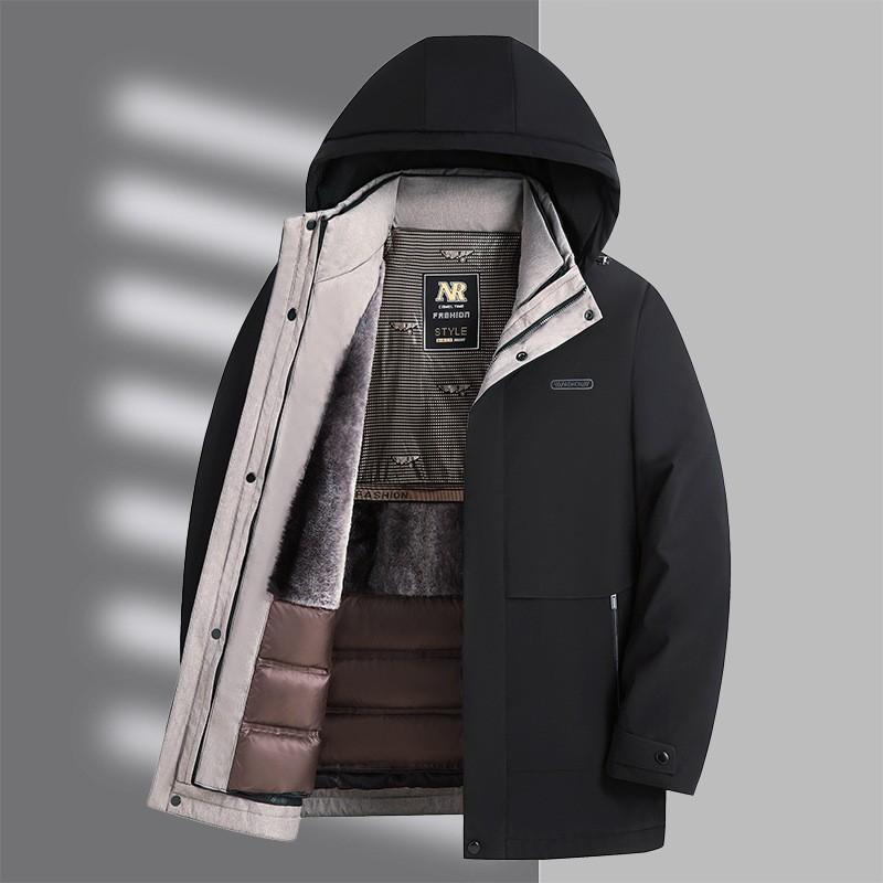 Mens Winter Hooded Down Jacket With Removable Inner Liner Stand Collar 86-90% White Duck Plus Size M-4XL