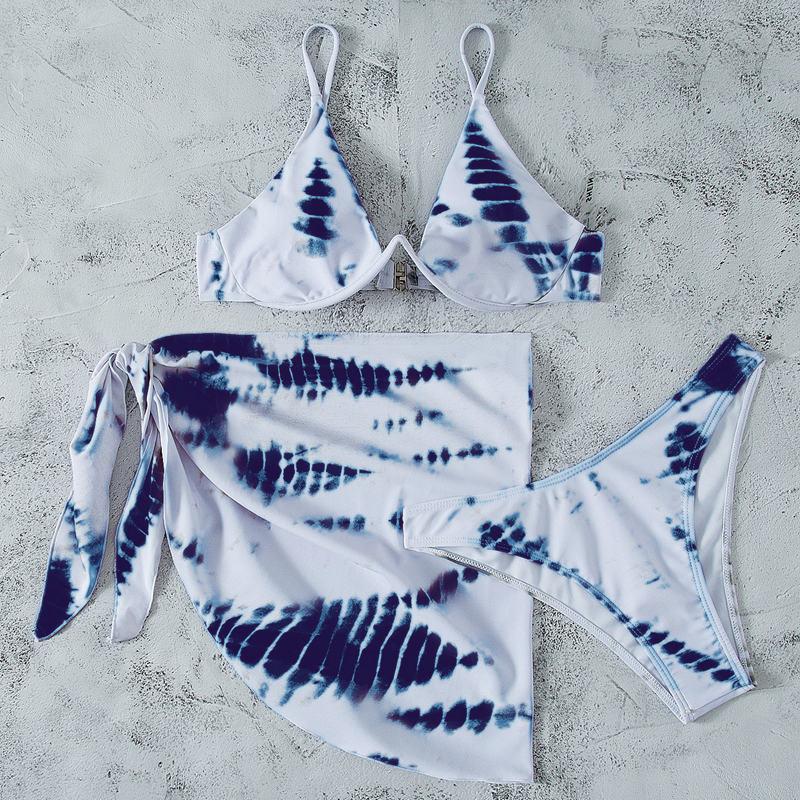 Baddräkt Kvinnors delade tredelade Print Halter Neck Dragsko Bikini Set